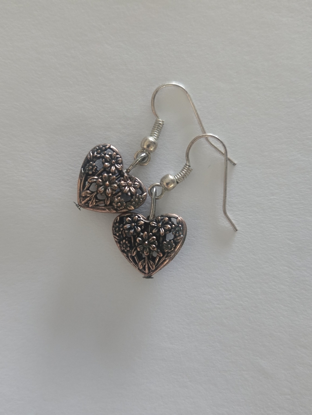 Floral Heart Drop Earrings in Antique Copper Tone